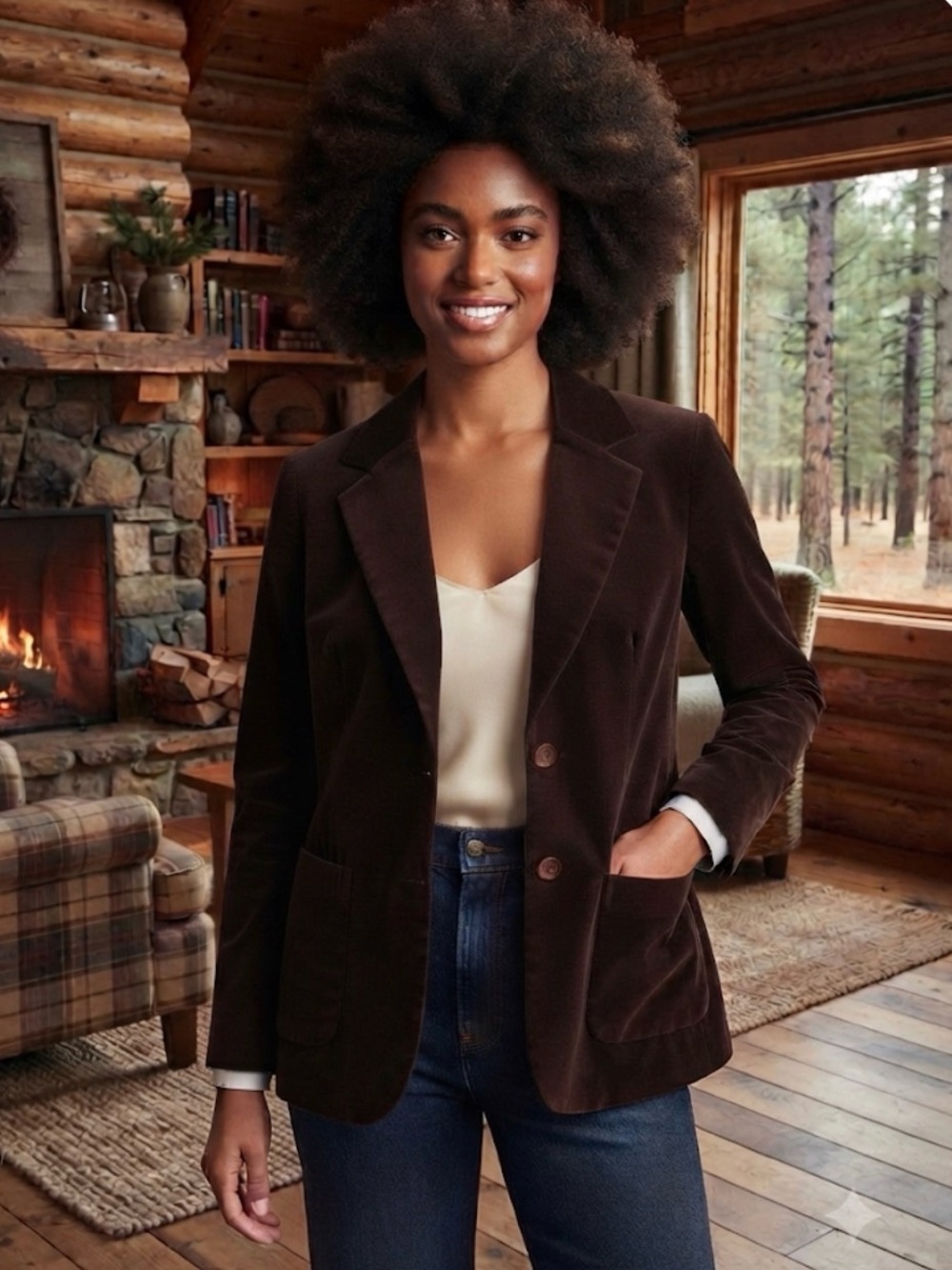 Women’s Dark Brown Velvet Blazer - Tailored Two-Button Jacket
